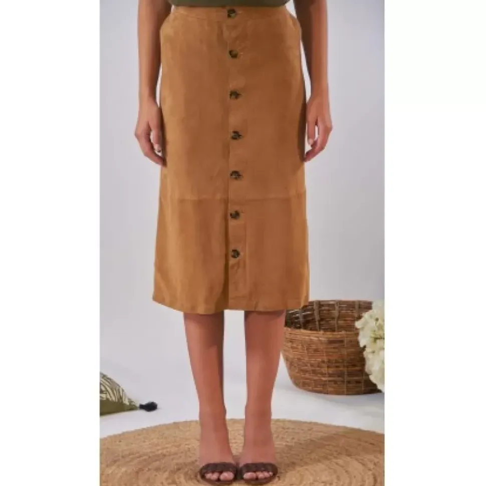 OAKWOOD Jupes Et Shorts^Aliana Tan - Jupe Midi A Boutons En Cuir Veritable De Chevre Velours