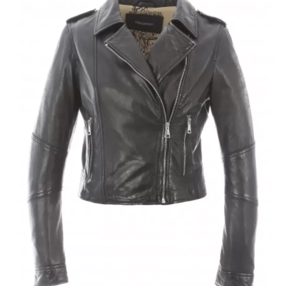 OAKWOOD Blousons^Alizee Noir - Blouson Asymetrique Court En Cuir Veritable Effet Lave