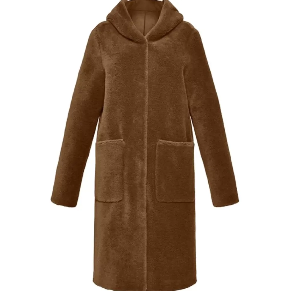 OAKWOOD Manteaux^Angelique Cognac - Manteau Reversible A Capuche Effet Peau Lainee