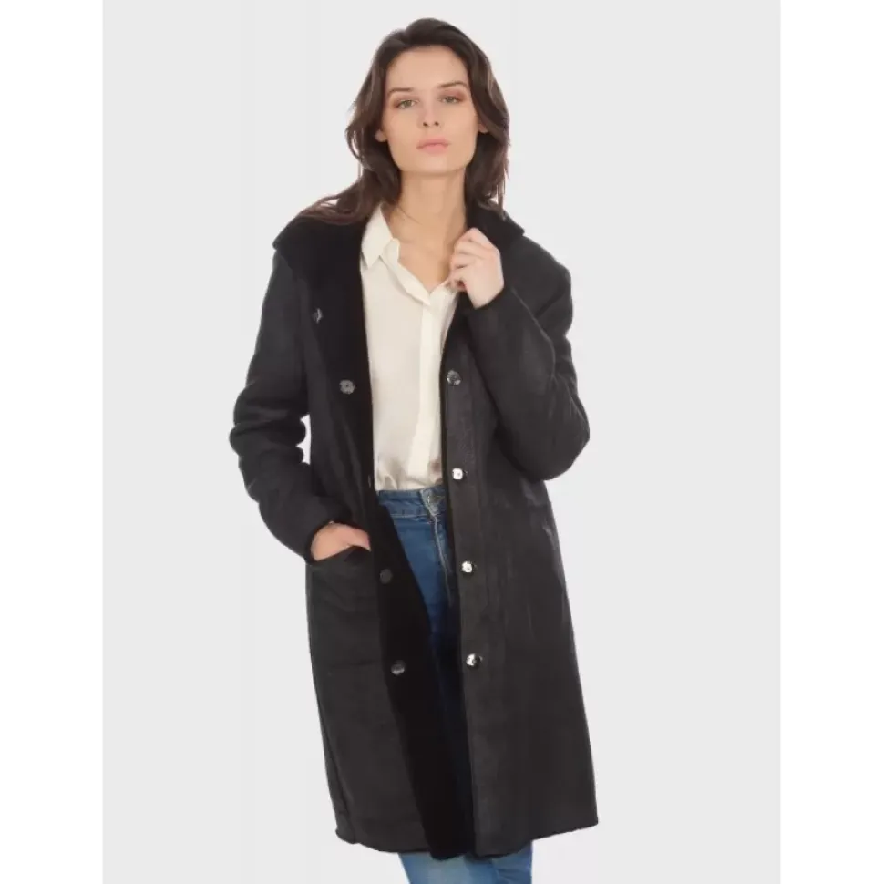 OAKWOOD Manteaux^Angelique Noir - Manteau Reversible A Capuche Effet Peau Lainee