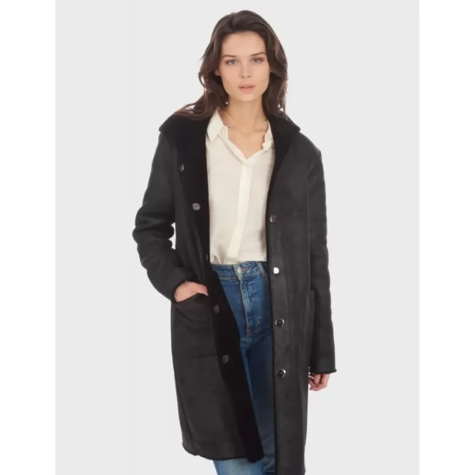 OAKWOOD Manteaux^Angelique Noir - Manteau Reversible A Capuche Effet Peau Lainee