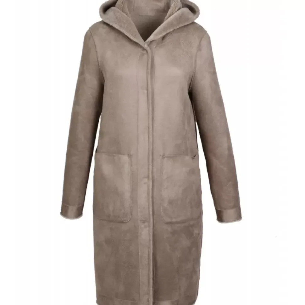 OAKWOOD Manteaux^Angelique Taupe - Manteau Reversible A Capuche Effet Peau Lainee