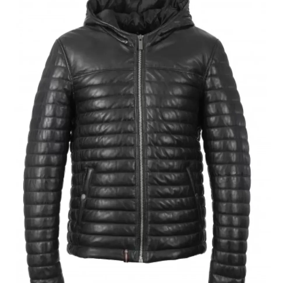 OAKWOOD Doudounes^Aurelien Bleu Fonce - Doudoune En Cuir Veritable Bicolore A Capuche