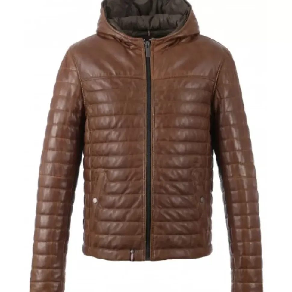 OAKWOOD Doudounes^Aurelien Cognac - Doudoune En Cuir Veritable Bicolore A Capuche