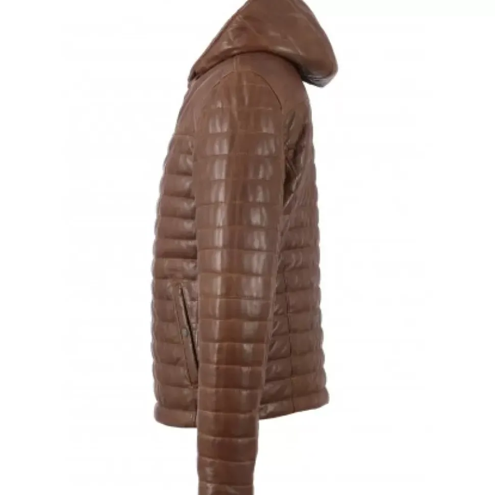 OAKWOOD Doudounes^Aurelien Cognac - Doudoune En Cuir Veritable Bicolore A Capuche
