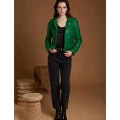 OAKWOOD Blousons^Boogie Vert - Blouson Epure A Fermeture Asymetrique En Cuir Veritable