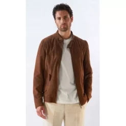 OAKWOOD Blousons^Chicago Cognac - Blouson Elegant En Cuir Veritable Col Mao A Pressions Et Ceinture Teddy
