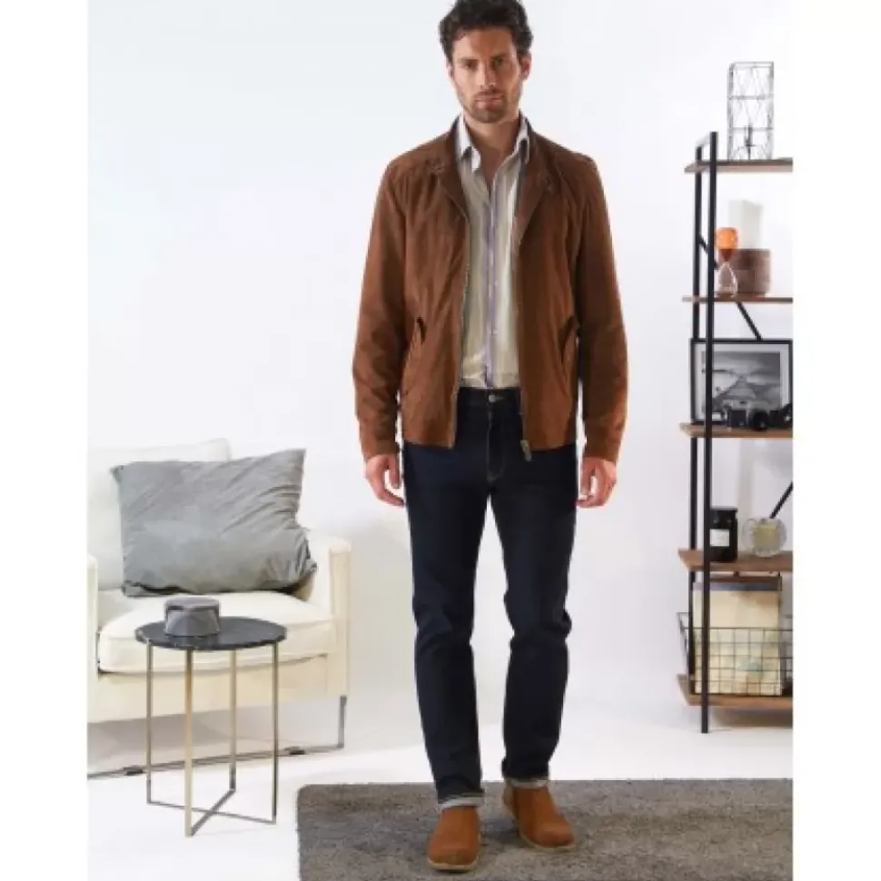 OAKWOOD Blousons^Chicago Cognac - Blouson Elegant En Cuir Veritable Col Mao A Pressions Et Ceinture Teddy