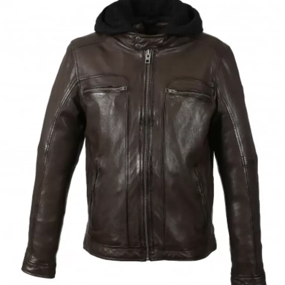 OAKWOOD Blousons^Drink Chocolat- Blouson En Cuir Veritable A Capuche Amovible