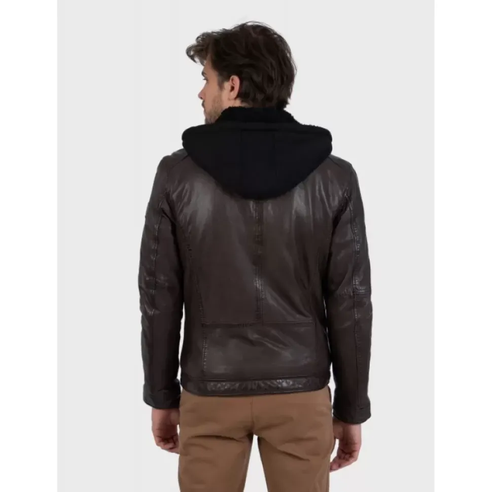 OAKWOOD Blousons^Drink Marron - Blouson En Cuir Veritable A Capuche Amovible
