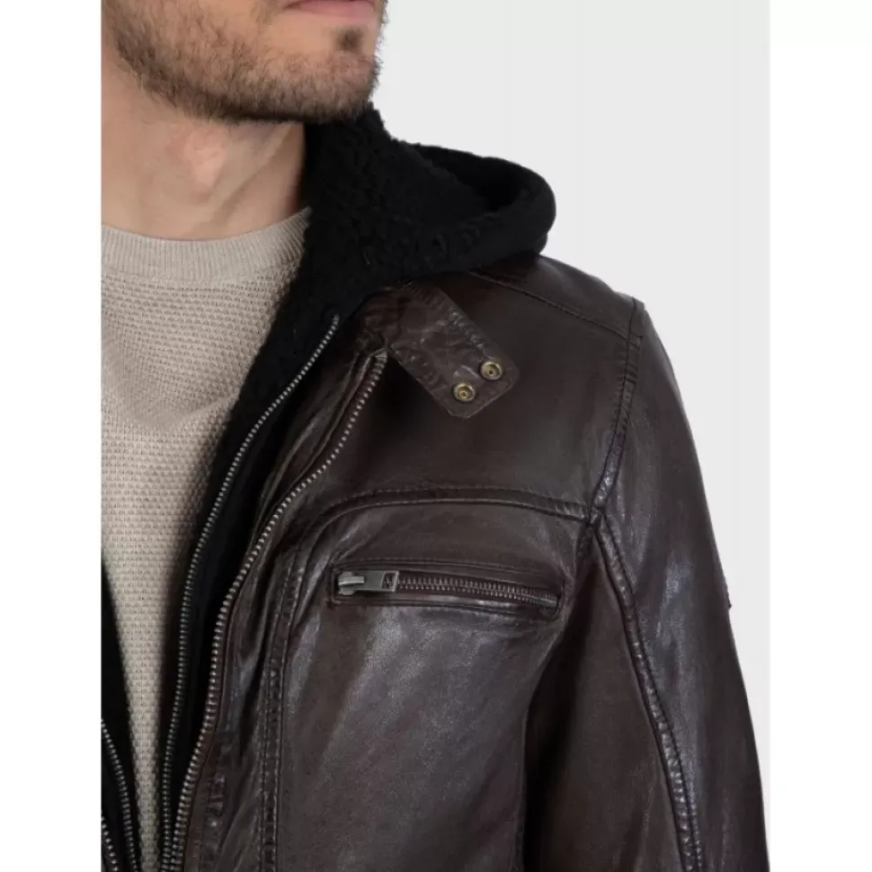 OAKWOOD Blousons^Drink Marron - Blouson En Cuir Veritable A Capuche Amovible