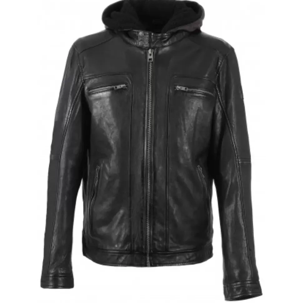 OAKWOOD Blousons^Drink Noir - Blouson En Cuir Veritable A Capuche Amovible