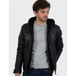 OAKWOOD Blousons^Drink Noir - Blouson En Cuir Veritable A Capuche Amovible