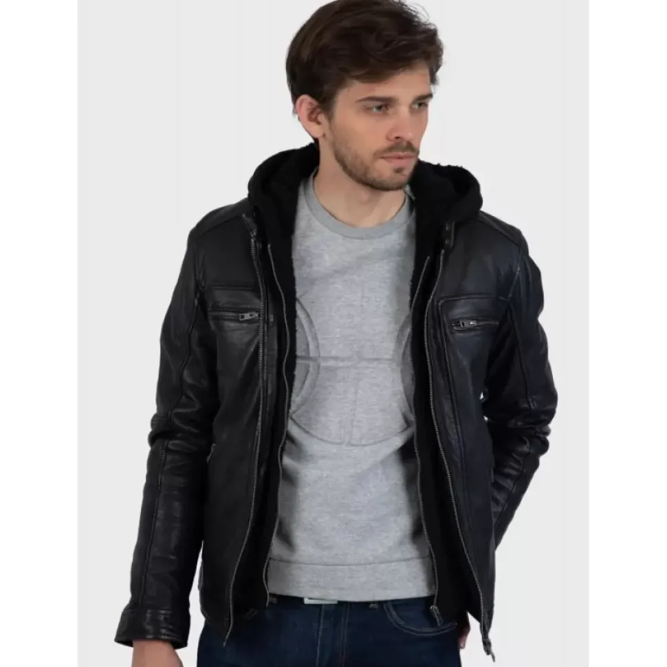 OAKWOOD Blousons^Drink Noir - Blouson En Cuir Veritable A Capuche Amovible