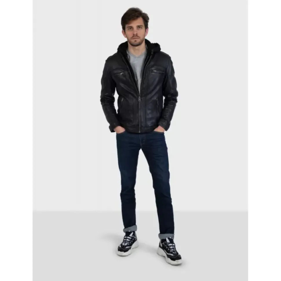 OAKWOOD Blousons^Drink Noir - Blouson En Cuir Veritable A Capuche Amovible