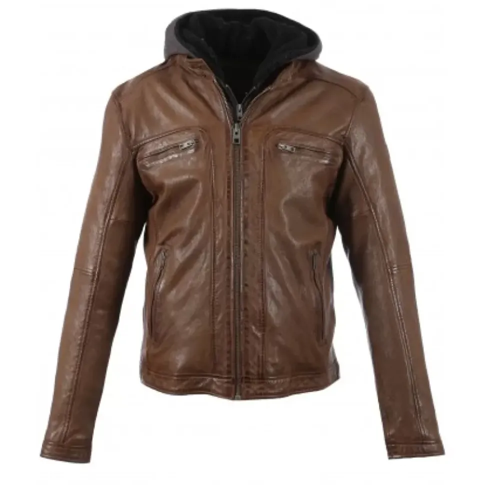 OAKWOOD Blousons^Drink Tan - Blouson En Cuir Veritable A Capuche Amovible