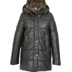 OAKWOOD Doudounes^Fancy Kaki Fonce - Doudoune Mi-Longue En Cuir Veritable Avec Capuches Amovibles