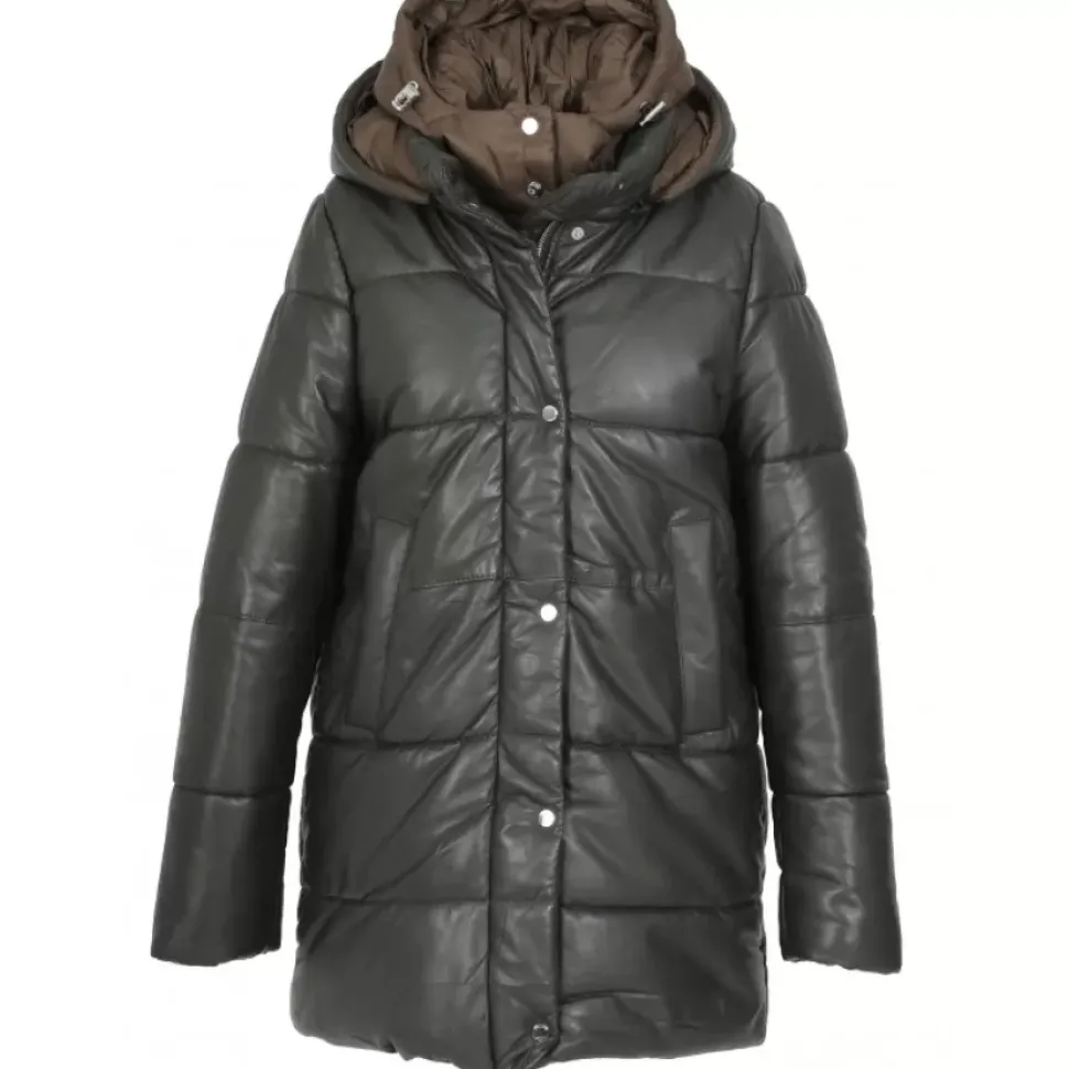 OAKWOOD Doudounes^Fancy Kaki Fonce - Doudoune Mi-Longue En Cuir Veritable Avec Capuches Amovibles