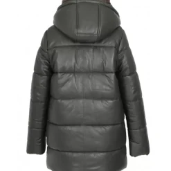 OAKWOOD Doudounes^Fancy Kaki Fonce - Doudoune Mi-Longue En Cuir Veritable Avec Capuches Amovibles