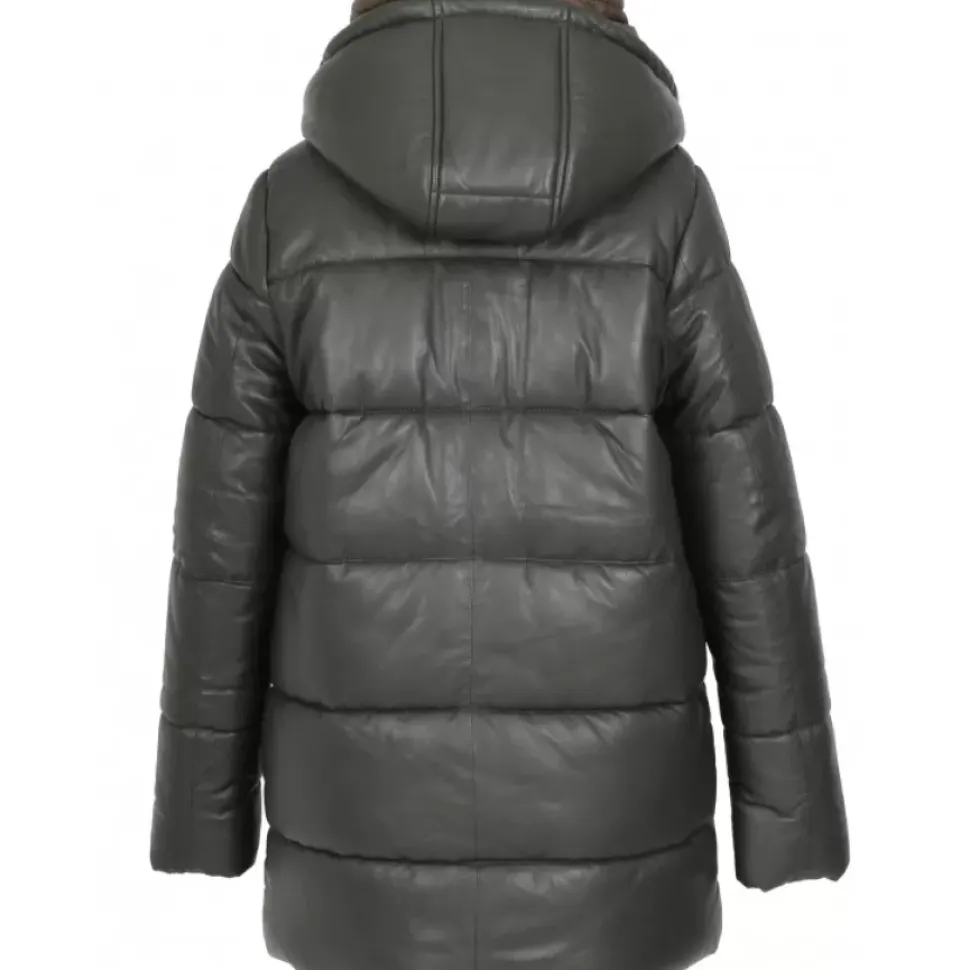 OAKWOOD Doudounes^Fancy Kaki Fonce - Doudoune Mi-Longue En Cuir Veritable Avec Capuches Amovibles