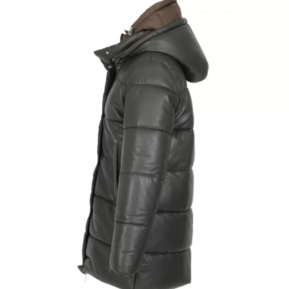 OAKWOOD Doudounes^Fancy Kaki Fonce - Doudoune Mi-Longue En Cuir Veritable Avec Capuches Amovibles