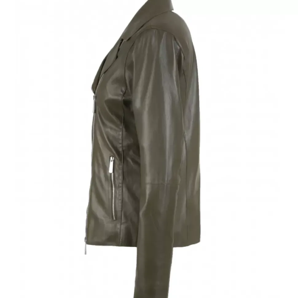 OAKWOOD Blousons^Flash Kaki - Blouson Epure A Fermeture Asymetrique En Cuir Veritable De Mouton