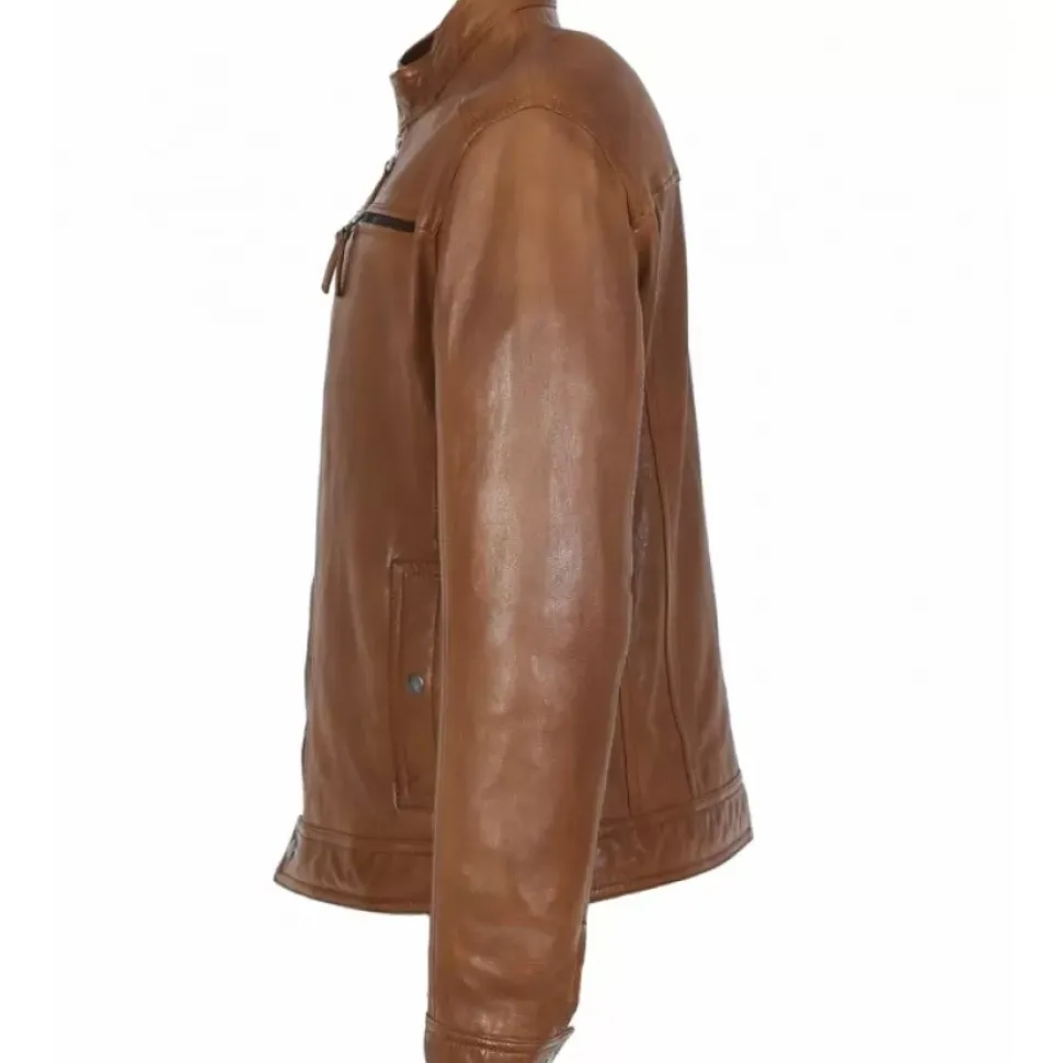 OAKWOOD Blousons^Gilles 6 Cognac - Blouson En Cuir Veritable Col Mao A Bouton Pression