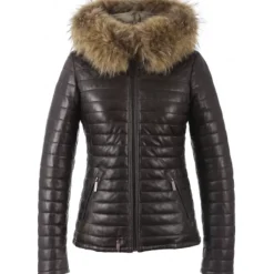OAKWOOD Doudounes^Happy Chocolat - Doudoune En Cuir Veritable Bicolore A Capuche & Fourrure