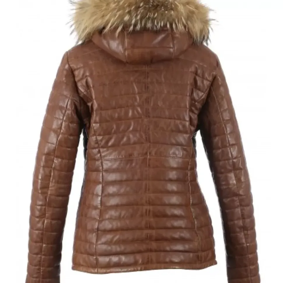 OAKWOOD Doudounes^Happy Cognac - Doudoune En Cuir Veritable Bicolore A Capuche & Fourrure
