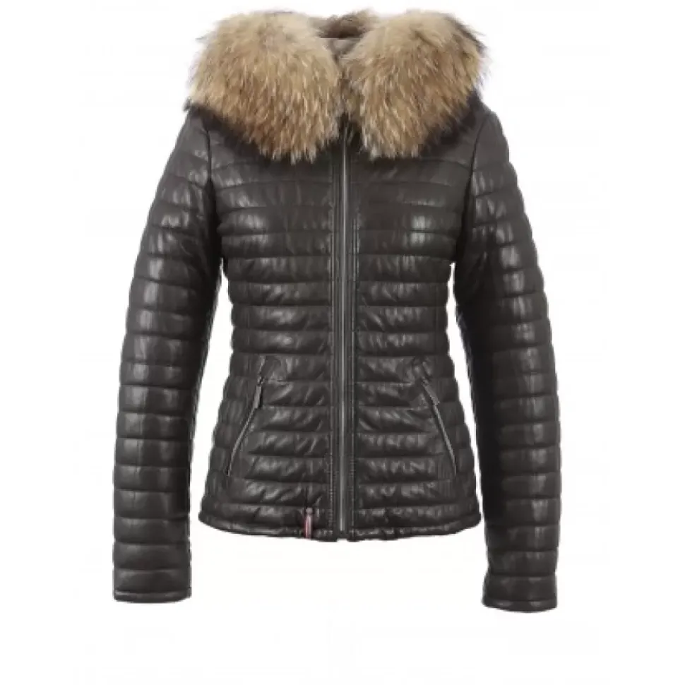 OAKWOOD Doudounes^Happy Marron - Doudoune En Cuir Veritable A Capuche & Fourrure
