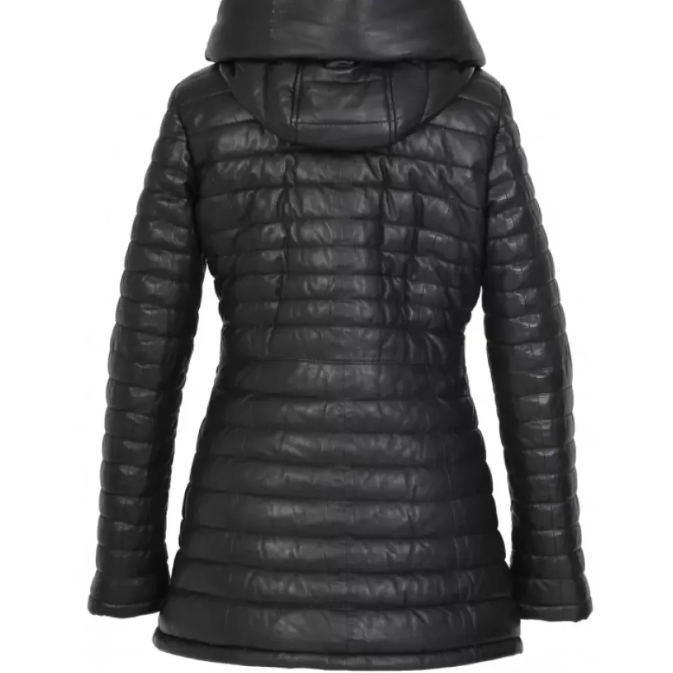 OAKWOOD Doudounes^Hopper Noir - Doudoune Mi-Longue En Cuir Veritable Capuche A Revers