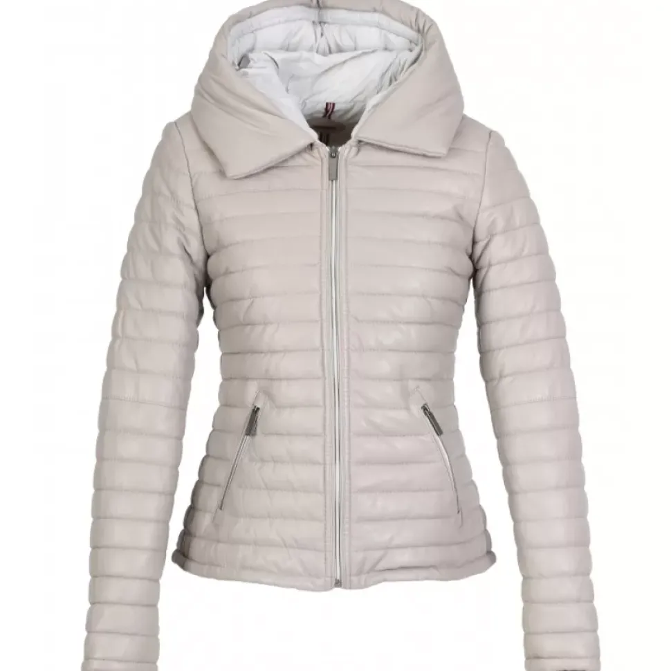 OAKWOOD Doudounes^Hyper Gris Clair - Doudoune Courte En Cuir Veritable Capuche A Revers