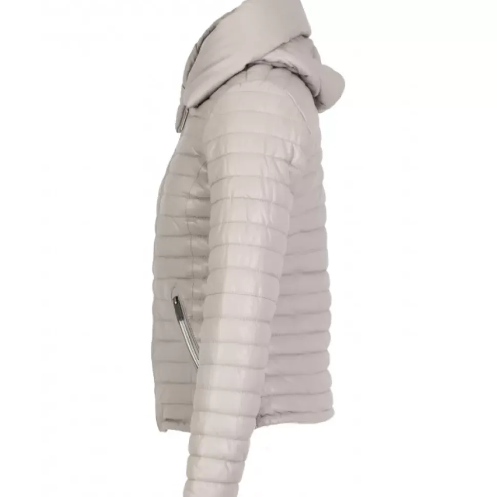 OAKWOOD Doudounes^Hyper Gris Clair - Doudoune Courte En Cuir Veritable Capuche A Revers
