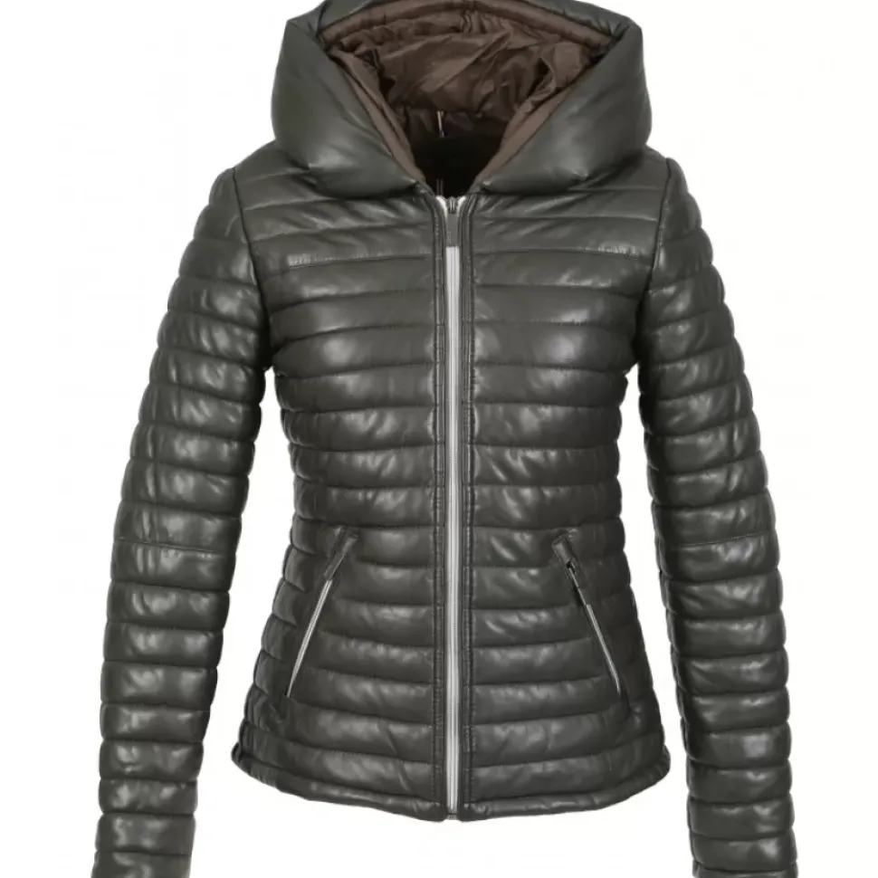 OAKWOOD Doudounes^Hyper Kaki Fonce - Doudoune Courte En Cuir Veritable Capuche A Revers