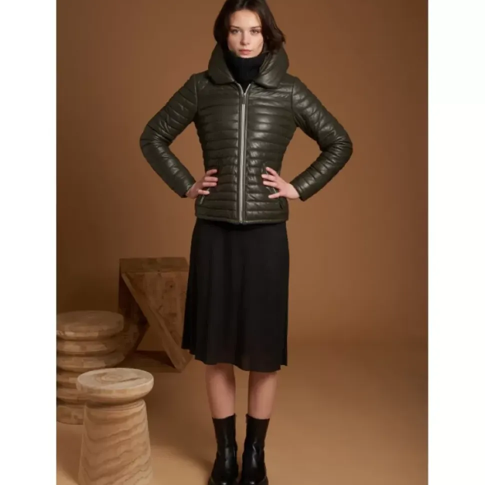 OAKWOOD Doudounes^Hyper Kaki Fonce - Doudoune Courte En Cuir Veritable Capuche A Revers