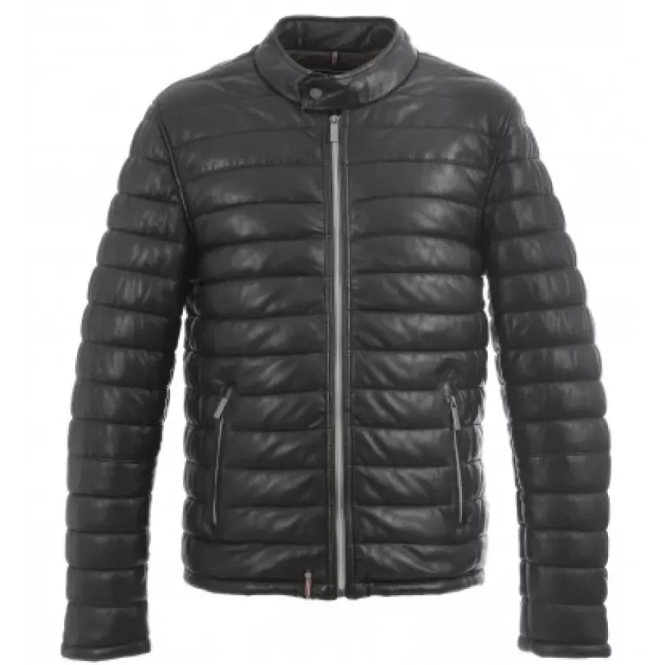 OAKWOOD Doudounes^Julien Noir - Doudoune En Cuir Veritable Avec Col Mao Pressionne