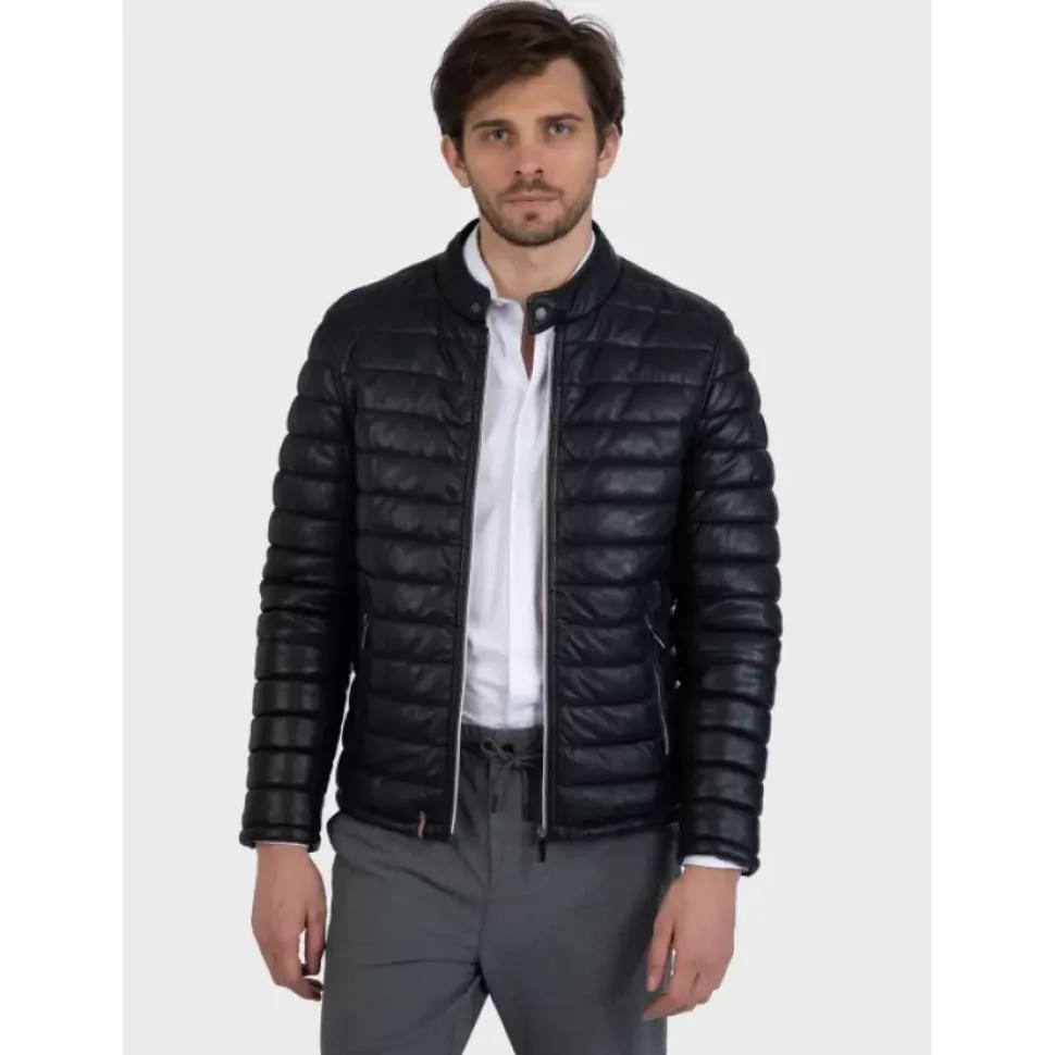 OAKWOOD Doudounes^Julien Noir - Doudoune En Cuir Veritable Avec Col Mao Pressionne