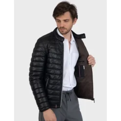 OAKWOOD Doudounes^Julien Noir - Doudoune En Cuir Veritable Avec Col Mao Pressionne