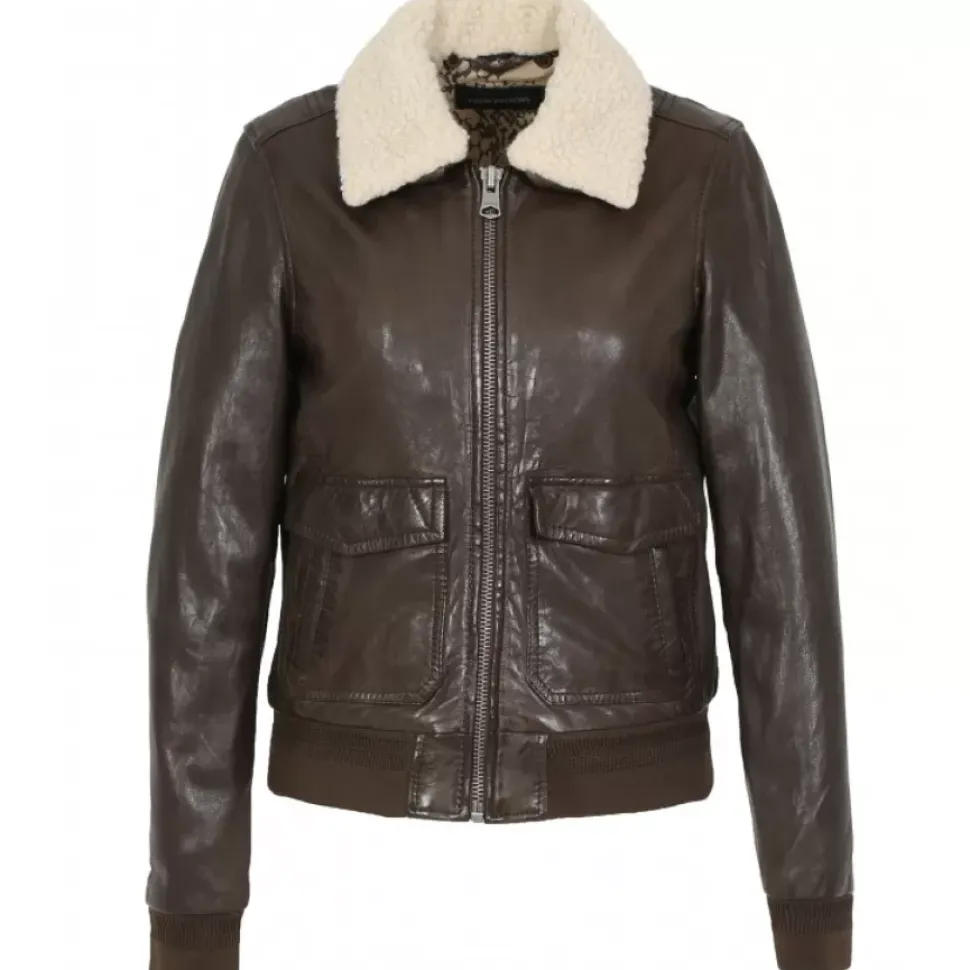 OAKWOOD Blousons^Karma Marron – Blouson En Cuir Veritable Lave Col Amovible Fourrure Synthetique