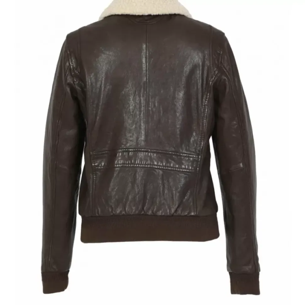 OAKWOOD Blousons^Karma Marron – Blouson En Cuir Veritable Lave Col Amovible Fourrure Synthetique