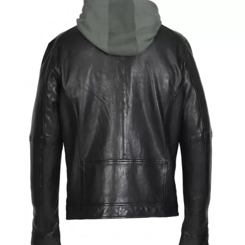 OAKWOOD Blousons^Kingsley Noir - Blouson En Cuir Veritable Effet Lave & Capuche Amovible