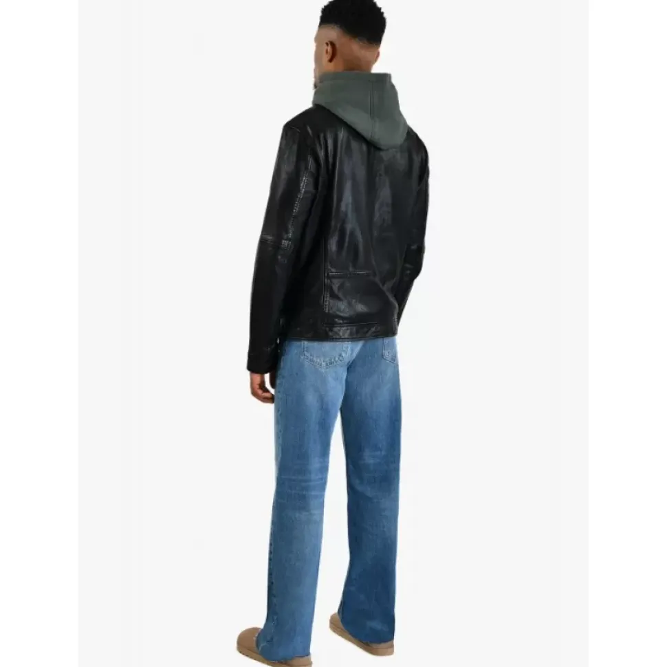 OAKWOOD Blousons^Kingsley Noir - Blouson En Cuir Veritable Effet Lave & Capuche Amovible