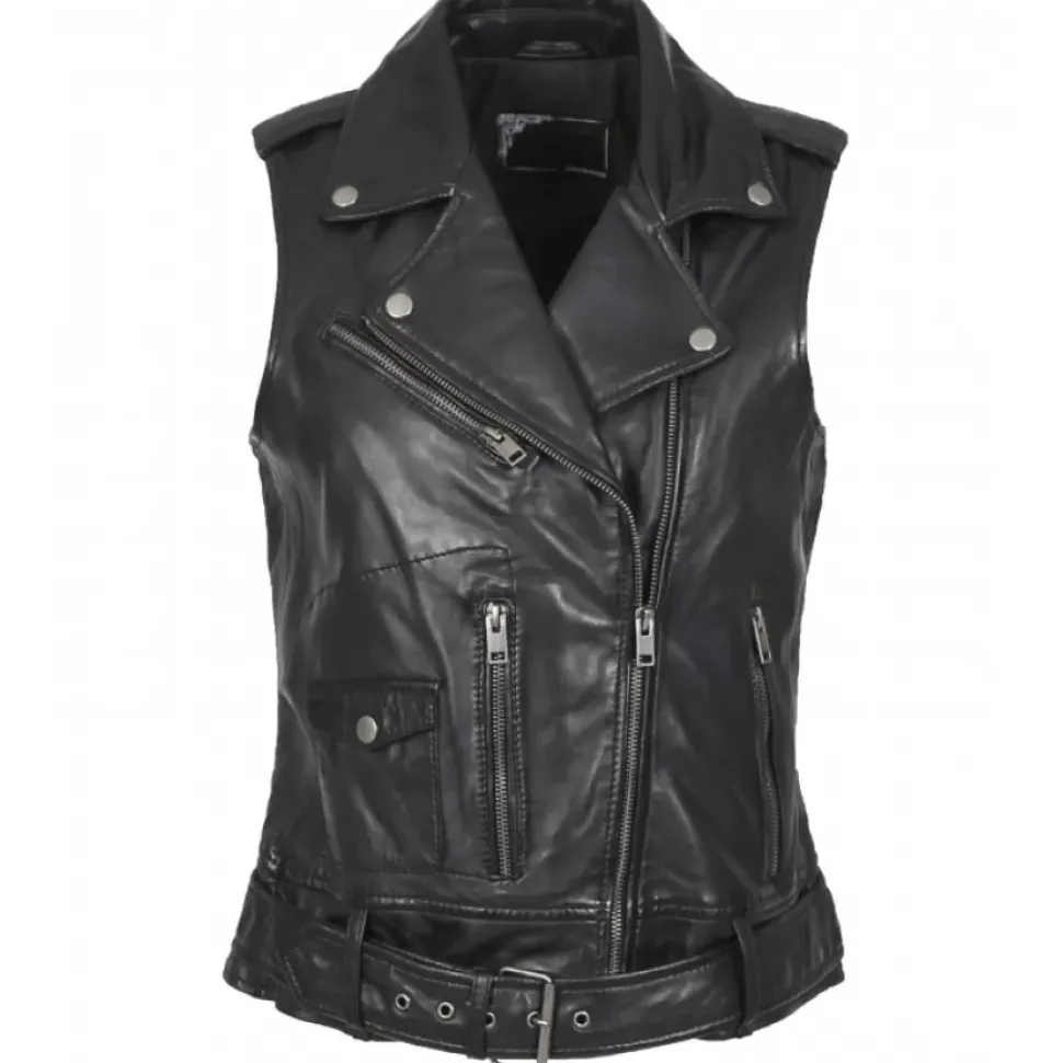OAKWOOD Gilets^Kylie 6 Noir - Blouson Sans Manches Esprit Biker En Cuir Veritable