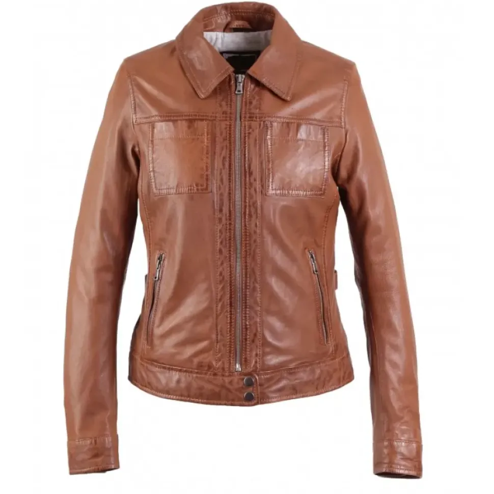 OAKWOOD Blousons^Recital 6 Cognac - Blouson Col Chemise En Cuir Veritable Effet Lave