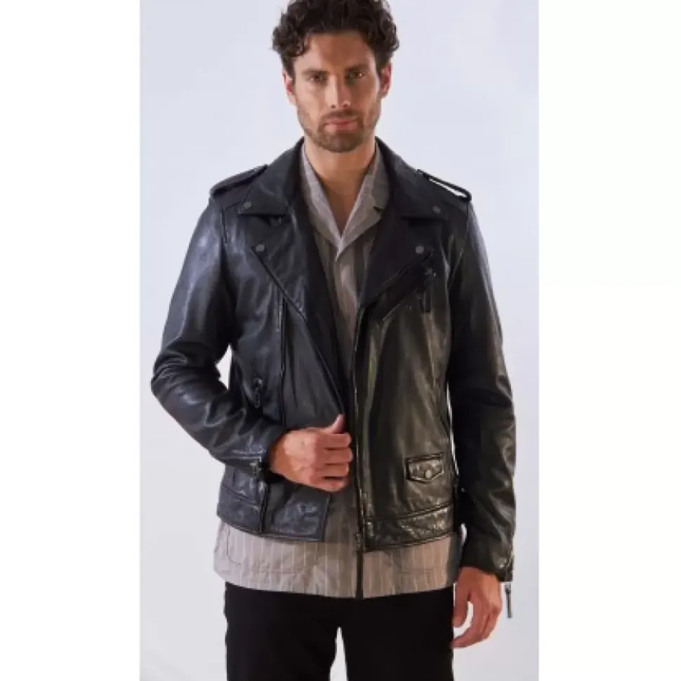 OAKWOOD Blousons^Soldier Noir - Blouson Biker A Fermeture Asymetrique En Cuir Veritable Effet Lave
