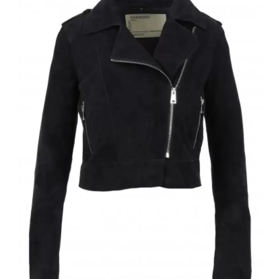 OAKWOOD Blousons^Zulina Bleu Marine - Blouson Biker Court Cuir Veritable Chevre Velours