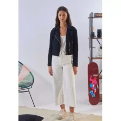 OAKWOOD Blousons^Zulina Bleu Marine - Blouson Biker Court Cuir Veritable Chevre Velours