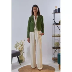 OAKWOOD Blousons^Zulina Kaki - Blouson Biker Court Cuir Veritable Chevre Velours