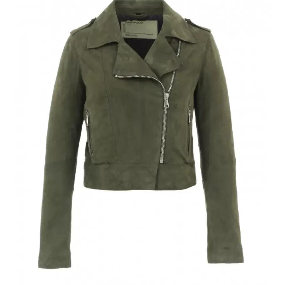 OAKWOOD Blousons^Zulina Kaki Fonce- Blouson Biker Court Cuir Veritable Chevre Velours