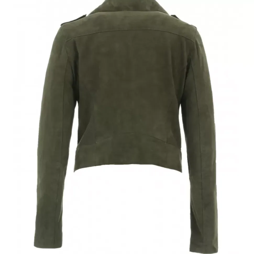 OAKWOOD Blousons^Zulina Kaki Fonce- Blouson Biker Court Cuir Veritable Chevre Velours